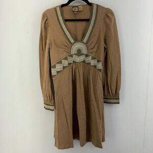 DGH Womens Medium Boho Beaded V-Neck Long Sleeve Empire Waist Dress Retro Boho